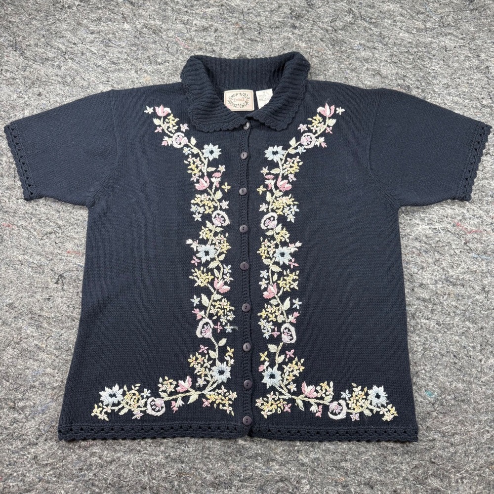 Erika II Navy Blue Floral Embroidered Short Sleeve Cardigan Sweater Plus Size 1X